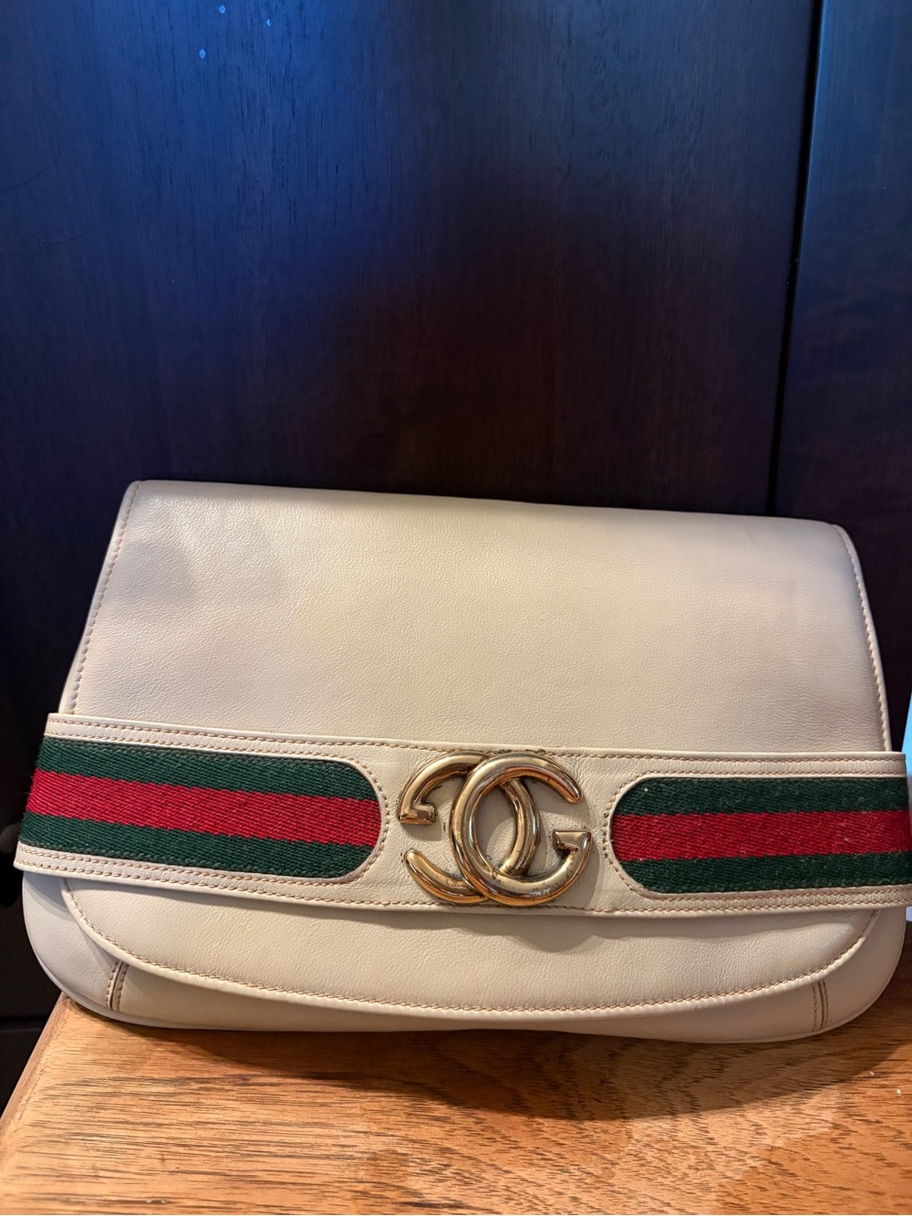 Gucci Cream Clutch with Green & Red Web Stripe and Gold Hardware